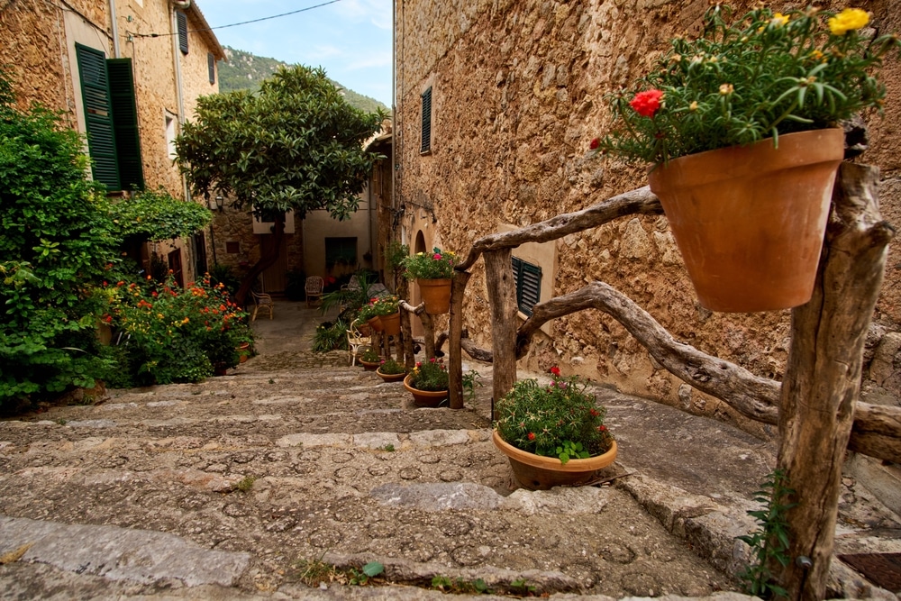 detalle calle empedrada decorada con macetas en pueblo Sierra Tramontana, Mallorca